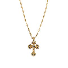 Chrome Hearts Gold-Plated Sapphire Mini Flame Cross Pendant