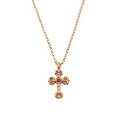 Chrome Hearts Gold-Plated Red Diamond Mini Flame Cross Pendant