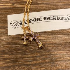 Chrome Hearts Gold-Plated Purple Diamond Large And Small Double Cross Pendant