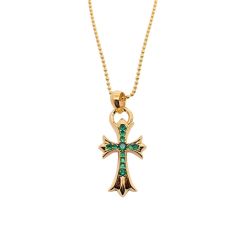 Chrome Hearts Gold-Plated Green Diamond Teardrop Cross Pendant