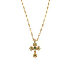 Chrome Hearts Gold-Plated Green Diamond Mini Flame Cross Pendant