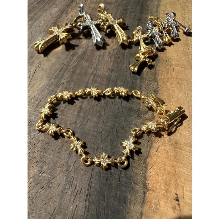 Chrome Hearts 22K Gold-Plated Cross Bracelet With Diamonds