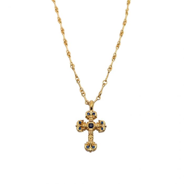 Chrome Hearts Gold-Plated Sapphire Mini Flame Cross Pendant