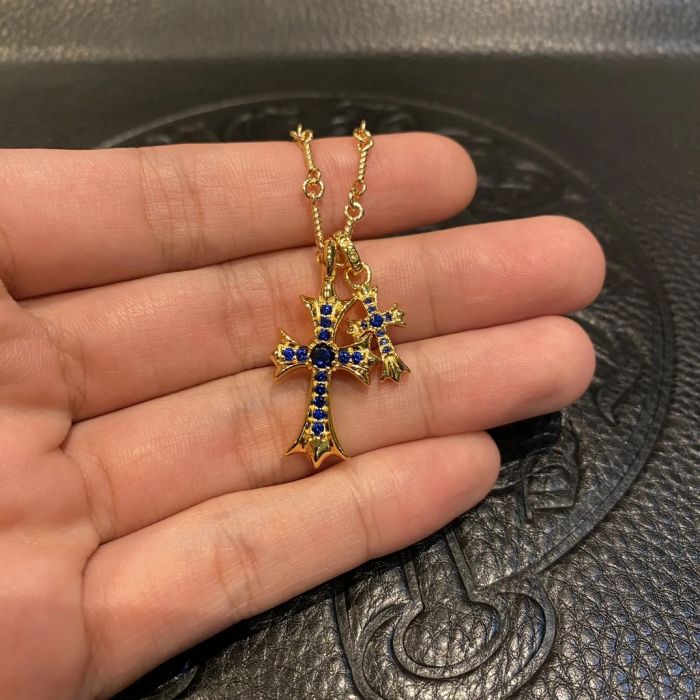 Chrome Hearts Gold-Plated Blue Diamond Cross And Small Cross Pendant