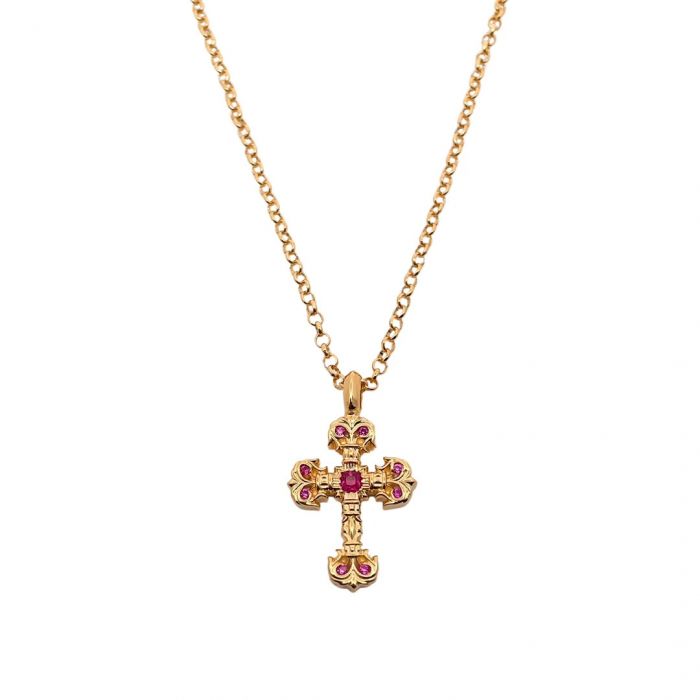 Chrome Hearts Gold-Plated Red Diamond Mini Flame Cross Pendant