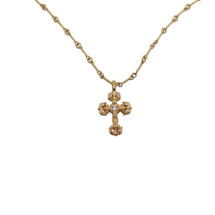 Chrome Hearts Gold-Plated Mini Flame Cross Pendant With Diamonds