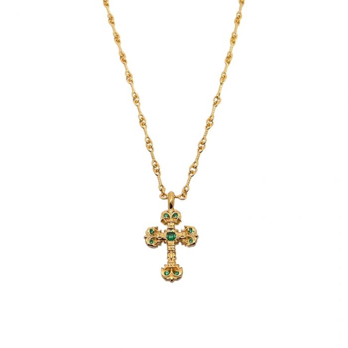 Chrome Hearts Gold-Plated Green Diamond Mini Flame Cross Pendant